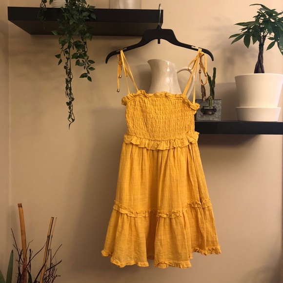 yellow tie shoulder dress